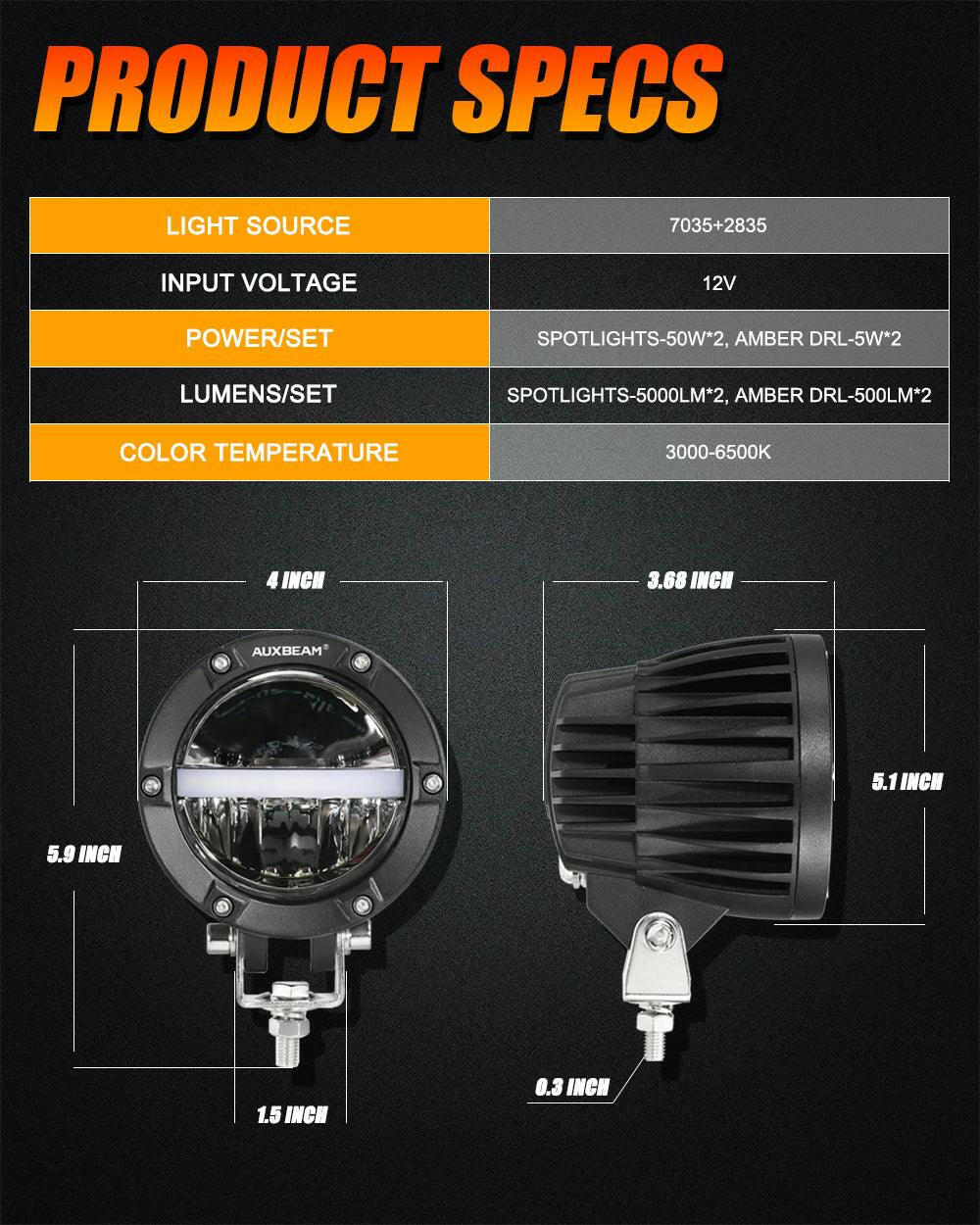 AUXBEAM 4 INCH 110W 11000LM LED PODS OFFROAD LED DRIVING LIGHTS WITH AMBER DRL