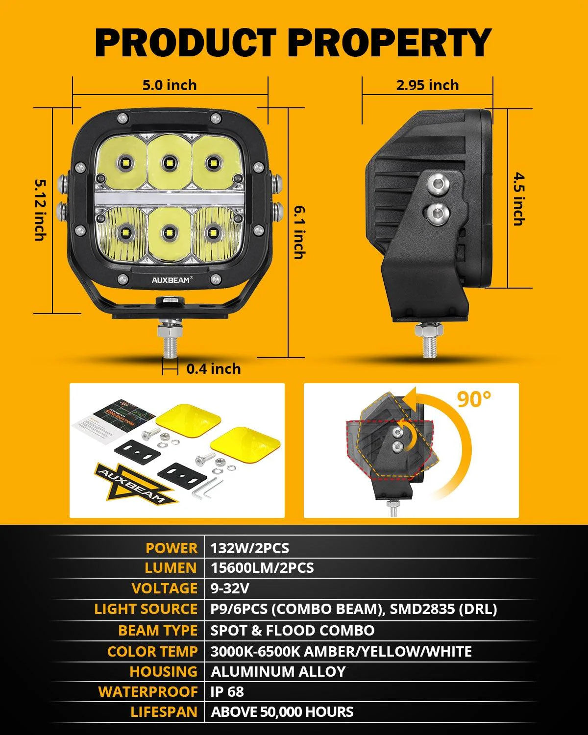 Auxbeam 5" XP-Ultra Series LED Offroad Light With Amber DRL 132W 15600LM (2 Pcs)