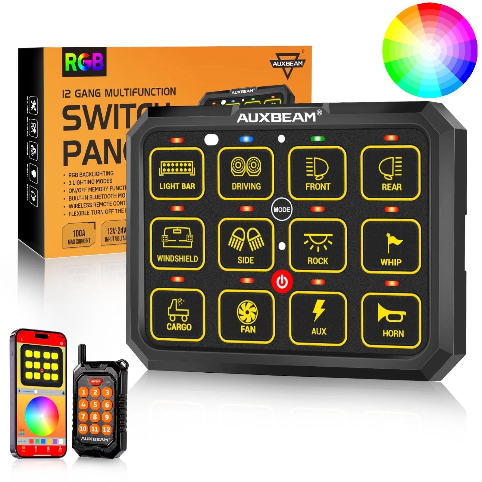 Auxbeam AC-1200 RGB Switch Panel with APP & Remote Control Toogle Momentary Mode